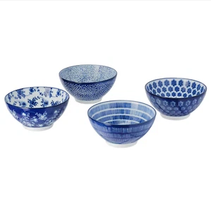 Set 4 Ikea Entusiasm 4 1/2" blau weiß kleine Porzellan Reisschalen asiatische Blumen - Bild 1 von 6