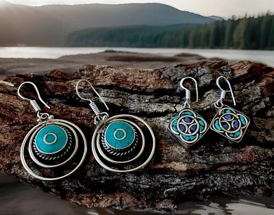 2 pares de pendientes artesanales de turquesa tibetana - nuevos Foto 1 de 2