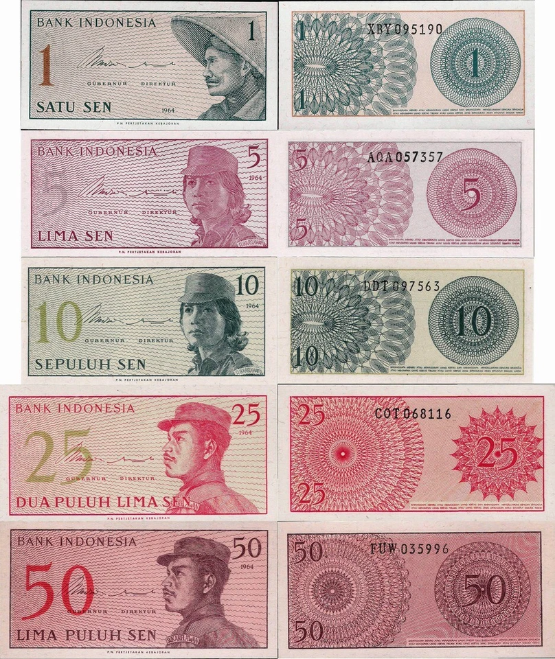 Indonesia 1964 - set 5 pcs 1+5+10+25+50 sen - Pick 90-94 UNC - Image 1 of 1
