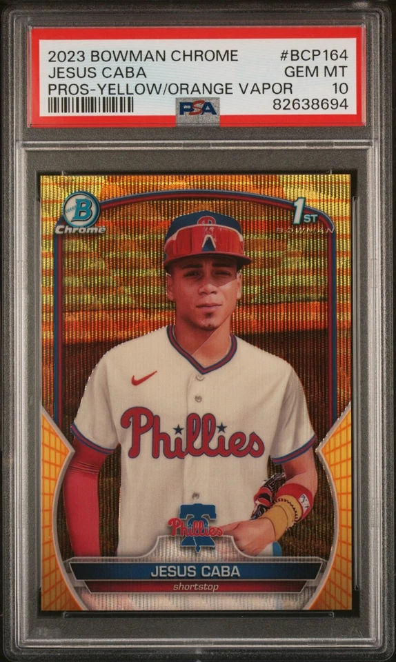 2023 BOWMAN CHROME PROSPECTS #BCP164 JESUS CABA  /75 PSA 10 YLW/ORANGE VAPOR - Image 1 of 2