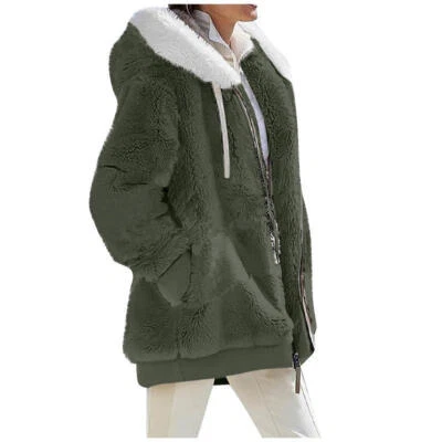 Women Warm Warm Zipper Pocket Hooded Coat Jacket Long Sleeve Loose Plush - Image 1 of 4