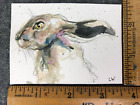 AECO Rabbit #3 OOAK Original Pencil Watercolor Painting 2.5 x 3.5" Lawn Walker