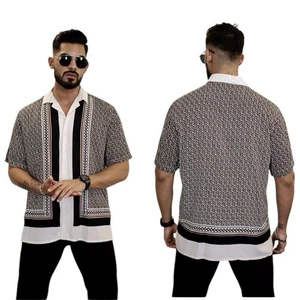 EXPRESS Camicia Uomo Bottoni Marrone/Avorio Manica Corta Collo Campeggio Retrò Tg S - Foto 1 di 8
