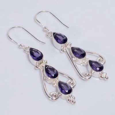 Pendientes étnicos de piedras preciosas de iolita de plata de ley 925 de 2,3" KE-466 e490 Foto 1 de 4