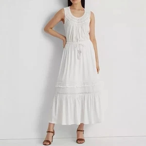 Ralph Lauren Maxi Dress Size 12 Crocheted Jersey Sleeveless White Boho Peasant - Picture 1 of 18