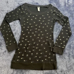 Top Negro Manga Larga Estilo Vintage EE. UU. Térmico Tejido Gofre Calavera Corazón M - Imagen 1 de 10