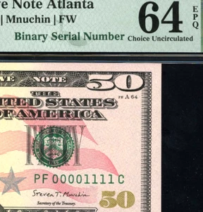 LOW # 00001111 FANCY TRUE BINARY QUAD serial number $50 PMG 64 EPQ series 2017A - Picture 1 of 3