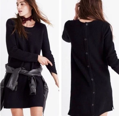 NWT Madewell Black Knit 100% Merino Button Back Knee Length Shift Sweater Dress - Imagem 1 de 4
