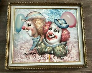Clown painting 24 x 28" William Moninet portrait frame circus balloons vintage