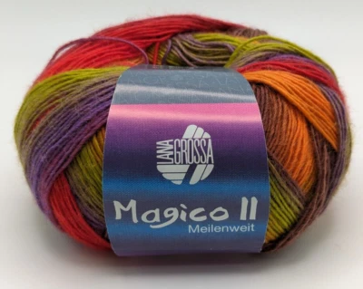 1 BALL LANA GROSSA MEILENWEIT MAGICO II SOCK YARN RED/ORANGE/LIME/PURPLE - Image 1 of 4