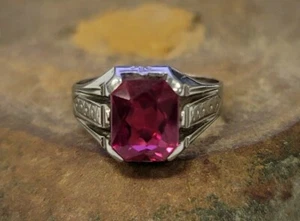 Red Ruby Gemstone 3.4 cw Emerald Rectangle 10k White Gold Ring Womens 8.5 Estate - Picture 1 of 10