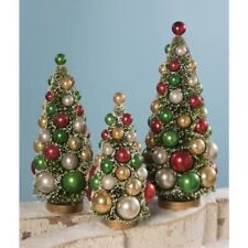 Bethany Lowe 9", 11", and 13" Green Bottle Brush Tree Set with Multi-Color Balls