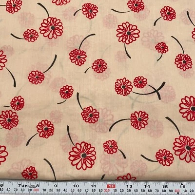 Vintage Red Flocked Florals Semi Sheer Beige Cotton Blend Fabric 3 yards x 44” - Image 1 of 4