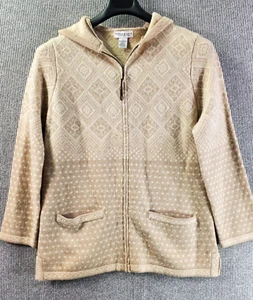 Pure & Simple Hooded Sweater Jacket Womens M Tan 100% Lambswool Pocket Fair Isle - Picture 1 of 12