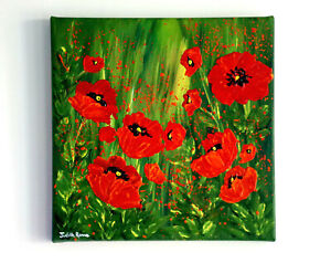 Original Painting "Wild Poppies" 12"  x 12" on box canvas by Judith Rowe
