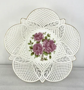 Cuenco reticulado floral y dorado vintage Cemarom Cluj-Napoca Rumania pintado a mano - Imagen 1 de 10