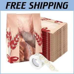300 Kraft Paper Bread Loaf Bags with Clear Window & 500 Stickers for Baked Goods - Picture 1 of 9