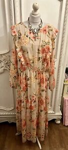 H&M Floral Beige Coral Boho Floaty Frill Maxi Dress With Slip XL