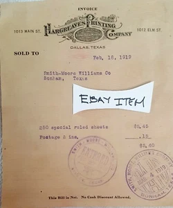 1919 billhead DALLAS, TEXAS HARGREAVES PRINTING CO. LITHOGRAPHY - Picture 1 of 1