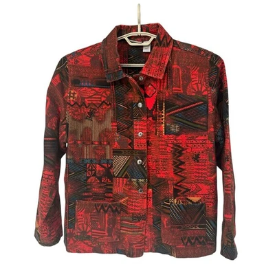 Chico’s Tribal Geometric Button-Up Jacket Size 3 (L/XL) Red Multicolor Cotton - Image 1 of 4