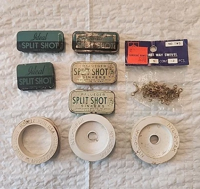 Vintage PFLUEGER  Metal Tin Split Shot Fishing Weights, Leader, And 3 Way Swivel - Image 1 of 3