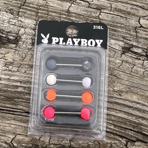 PLAYBOY ZUNGE BRUSTWARZE BARBELL OHRSTECKER 4er Set Piercing matt neon orange pink - Bild 1 von 4
