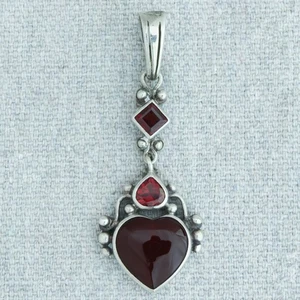 Vtg Bohemian Gothic Sterling Silver Garnet Red Onyx Heart Necklace Pendant 1⅞" - Picture 1 of 5