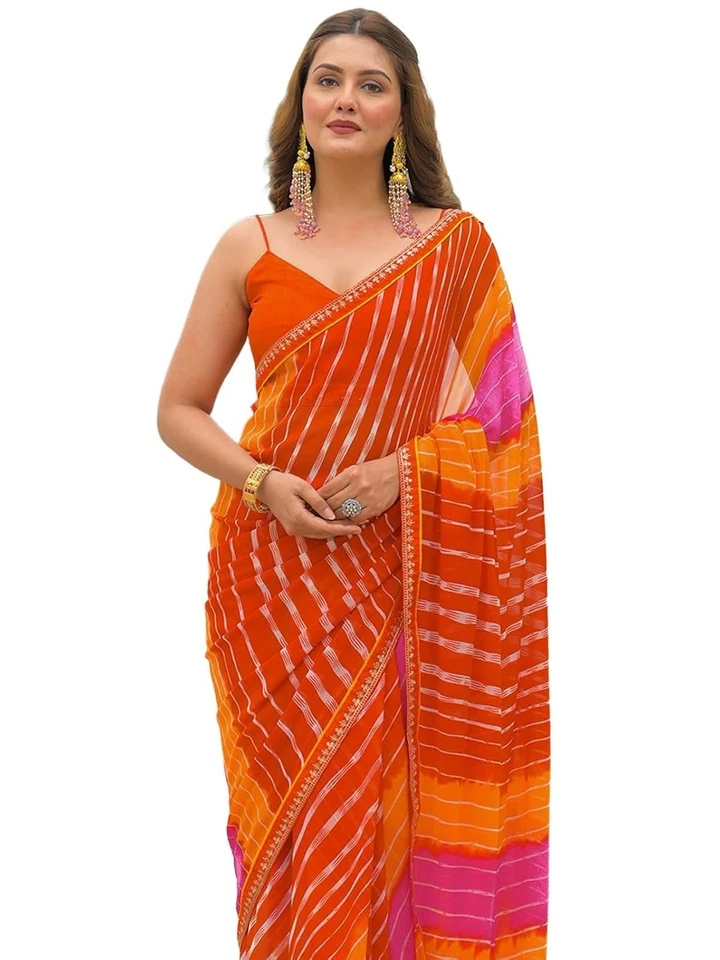 Para Mujer Georgette Leheriya Estampado Lentejuelas Bordado Encaje Sari con Blusa Foto 1 de 1