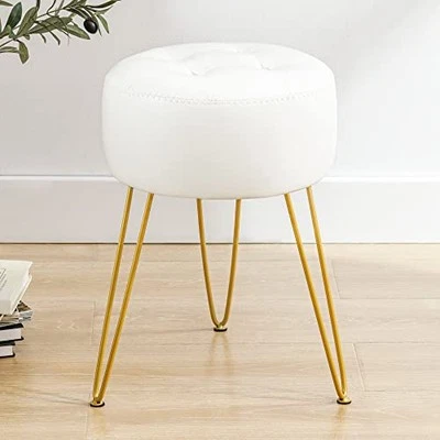  Faux Leather Vanity Stool Chair for Makeup Room, 19” Height, Tufted White - Image 1 of 4