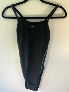 Speedo Women's Solid Logo Flyback Swimsuit Academy Size 38. Black with green - Picture 1 of 12