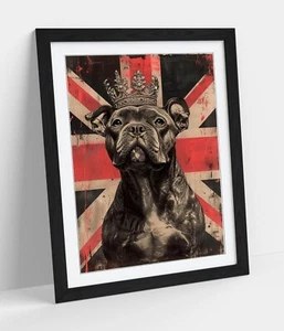 BLACK BULLDOG WITH CROWN UNION JACK FRAMED WALL ART POSTER PRINT 4 SIZES - Picture 1 of 10