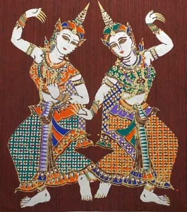 Colorful 2 Thai Lady Dancing Art Silk Painting Poster Print Home Decor Handmade - Picture 1 of 3