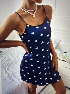Blue Women's Heart Print Casual Frill Trim Sleepwear Dress, L. - Picture 1 of 6