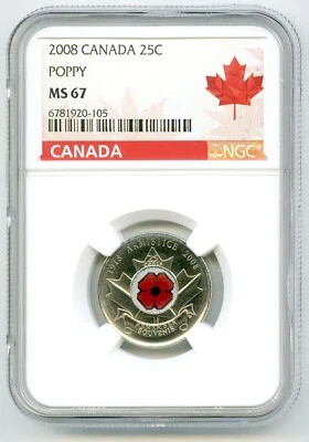 2008 CANADA 25 CENT NGC MS67 POPPY QUARTER COLORIZED RARE GRADE LOW POP - Image 1 of 2