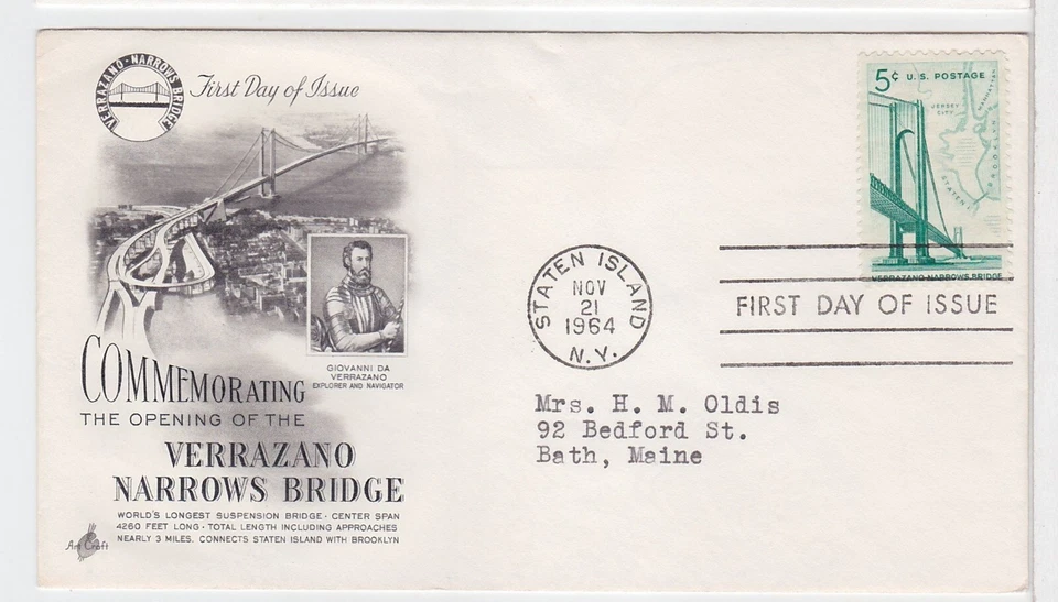 TurtlesTradingPost- Verrazano-Narrows Bridge #1258- 1964 FDC Artcraft Cachet - Image 1 of 1