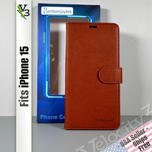 Funda tipo billetera para iPhone 15 - Cuero sintético marrón cobre | Funda tipo folio - Imagen 1 de 19