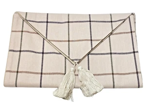 Croscill Delilah Plaid Table Runner 100% Cotton Natural Color 14" x 90" Tassels - Picture 1 of 9