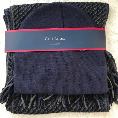 Nuevo con etiquetas Club Room - Juego de bufanda y sombrero acrílico tejido azul marino y gris Foto 1 de 3