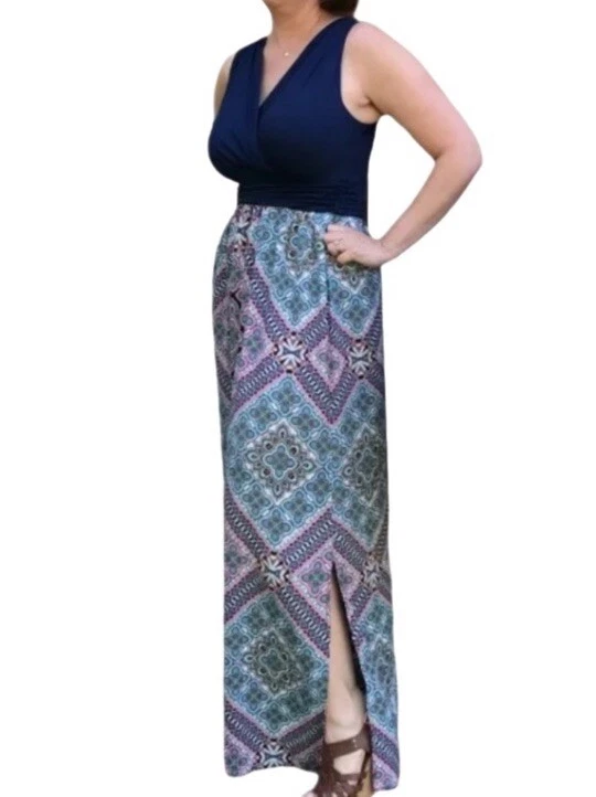 Maxi Vestido Gilli Boho Sin Mangas Escote Sobrepelliz Azul Estampado Para Mujer’s Grande Foto 1 de 4