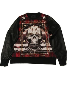AKADEMIKS TARTAN PLAID SKULL FAUX LEATHER/SWEATSHIRT LNG/SLV SHIRT SIZE MED NWT - Picture 1 of 6