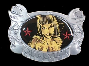 D. VICENTE HOT GIRL SINNER BELT BUCKLE RETRO LOOK PEWTER & CHROME NEW - Picture 1 of 2