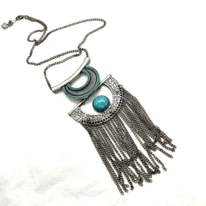 Bohemian style necklace blue stone silver tone 76cm chain costume jewellery - Picture 1 of 7