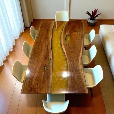 Yellow Epoxy Resin Dining Table Live Edge Wooden Cafeteria Hallway Decor - Image 1 of 4