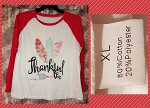 Ladies Unbranded Red/Wht/Multi Thankful & Feathers Colorblock Knit Top XL PREOWN - Picture 1 of 4