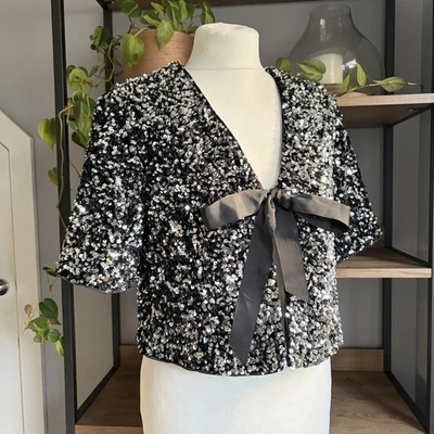 H&M Sequin Jacket M 12 14 Black & Silver Bow Tie Front Limited Edition - Image 1 of 4