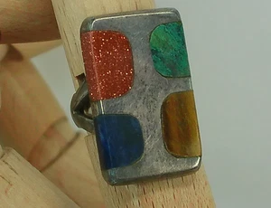 Vtg Eagle 3 Taxco Mexico Modernist Mulit Stone Sterling Silver Inlay Bold Ring - Picture 1 of 24