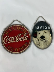 Lot of 2 Coca-Cola Glass Hanging Signs – Ice Cold Sold Here & Always Cool - Picture 1 of 7