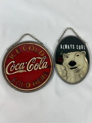 Lot of 2 Coca-Cola Glass Hanging Signs – Ice Cold Sold Here & Always Cool - Image 1 of 4