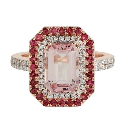 Anillo de turmalina rosa corte esmeralda 14k oro rosa halo diamante Art Deco ... - Imagen 1 de 4