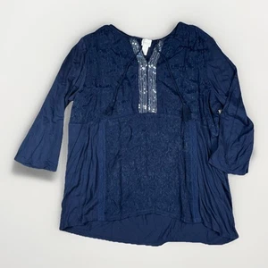 Chico's Top Size XL (3) Navy Blue Embroidered Sequin 3/4 Tunic Jacquard - Picture 1 of 11